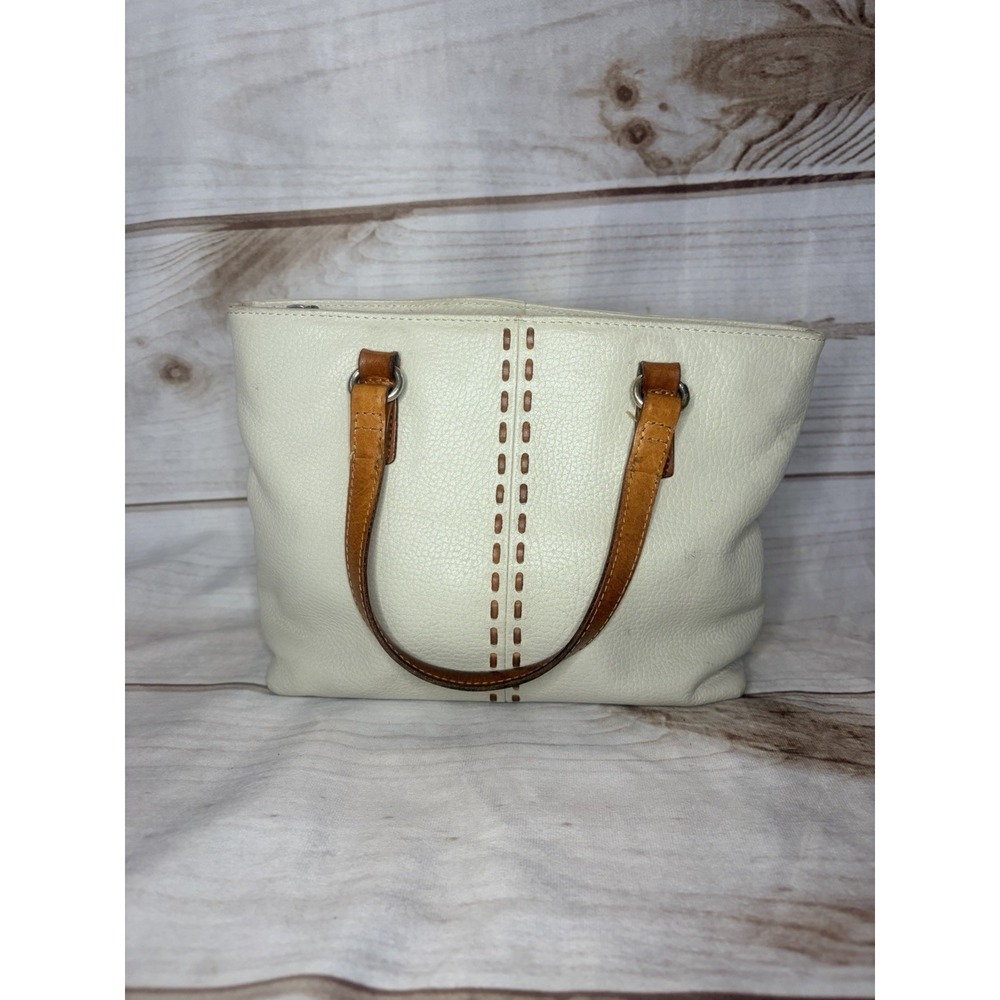 Fossil Ivory Leather Handbag Tote | Tan Straps | Pebbled Leather Classic Stitch